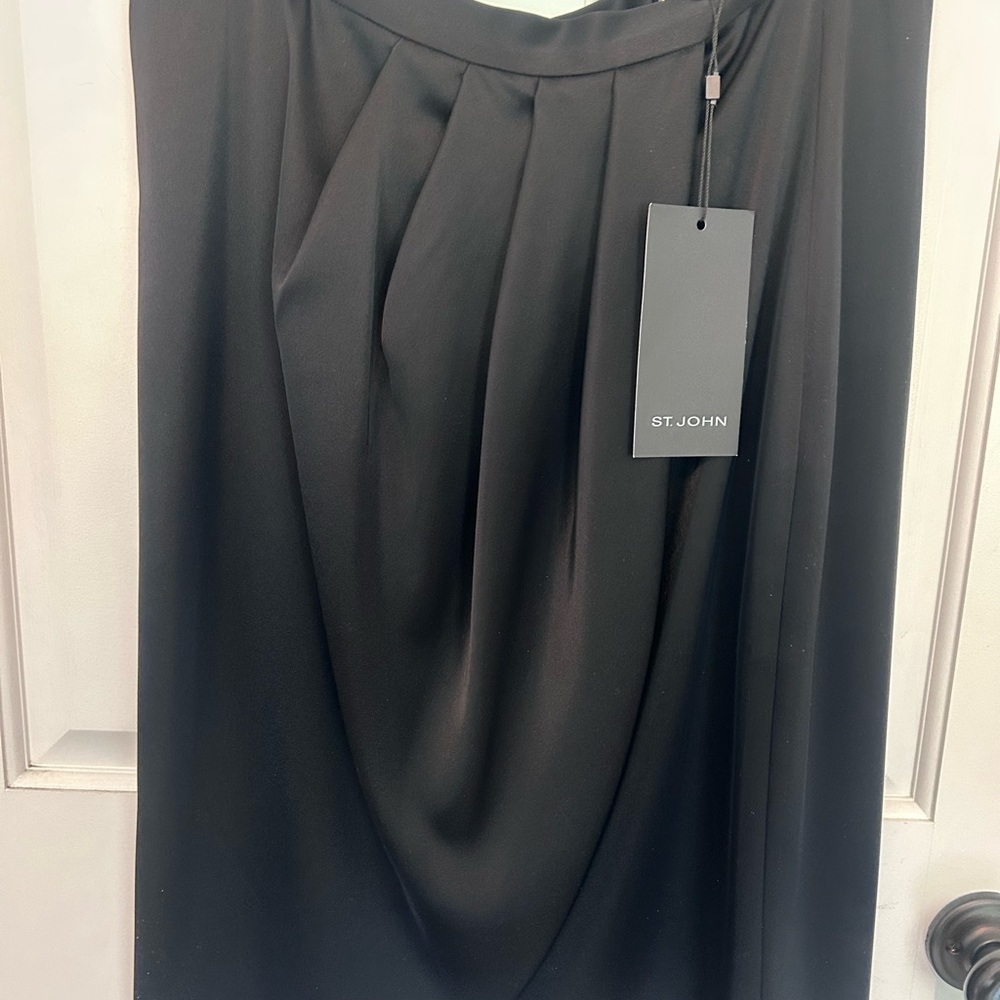 St. John Black Draped Pleat Midi Skirt